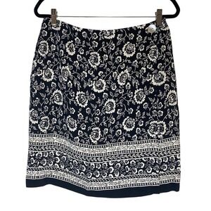 Talbots Floral Print Wrap Skirt A-Line Black White Border Detail‎ Size 16